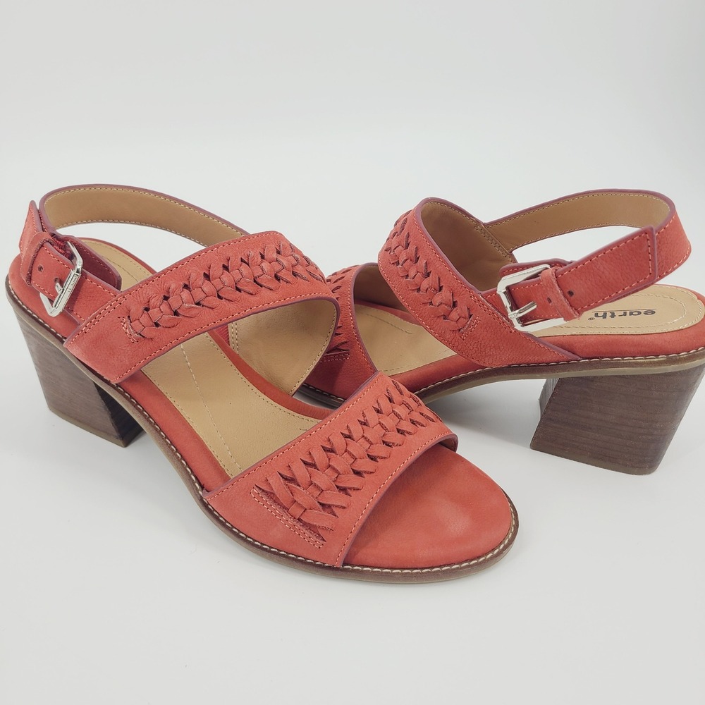 Earth Anty Coral Red Woven Leather Block Heel Dress Sandals Women's Size 10